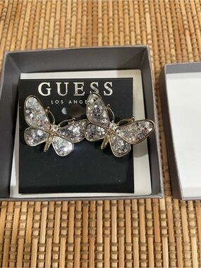 GUESS Glitter Butterfly Stud Earrings - Silver Rhinestones and Gold